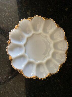Milk Glass Deviled Egg Plate, 22 KT Gold Trim, 10" D